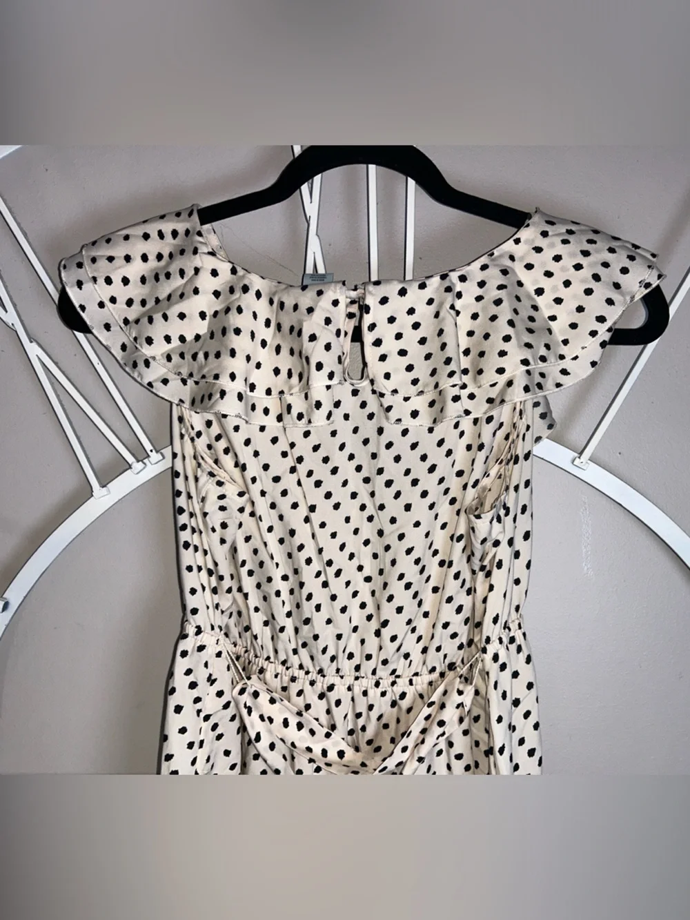 Motherhood Maternity Cream Dress with Black Polka Dots and Ruffle V-Neck - Picture 7 of 9